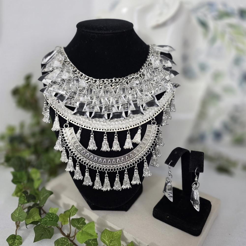 Large Statement Silver Boho Ethnic Bib Necklace A… - image 1